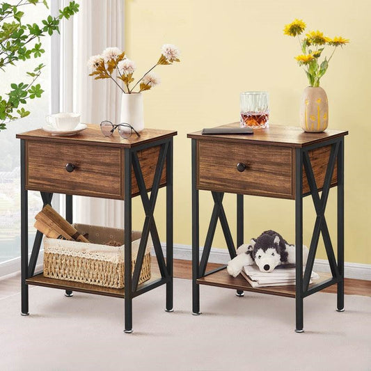 Set of 2 - Rustic 1 Drawer Nightstand in Brown and Black Wood Finish - Tampa Home & Garden Store