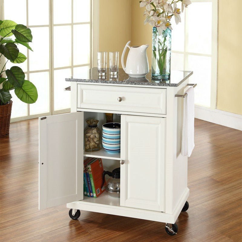 Carrito de cocina blanco con encimera de granito y ruedas con bloqueo