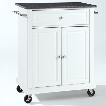 Carrito de cocina blanco con encimera de granito y ruedas con bloqueo