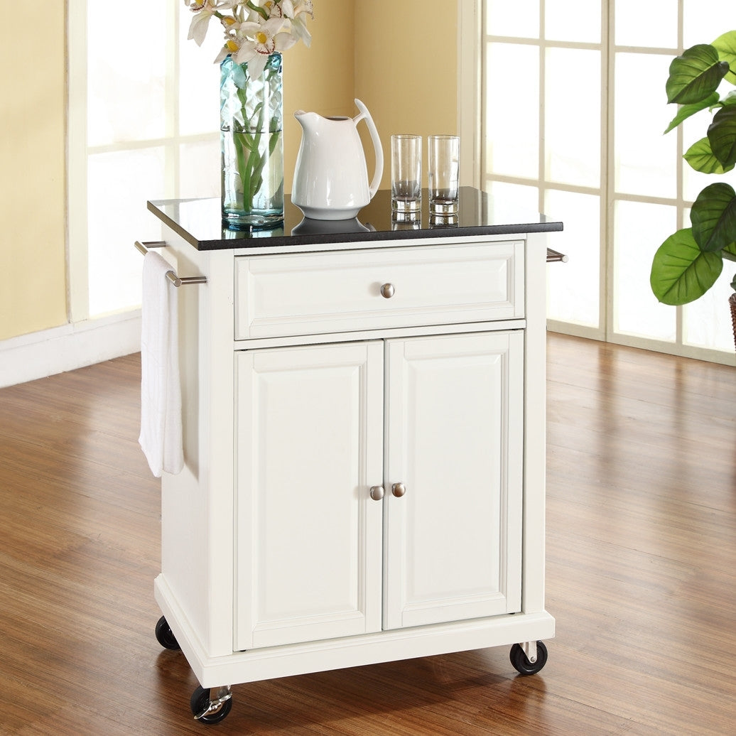 Carrito de cocina blanco con encimera de granito y ruedas con bloqueo