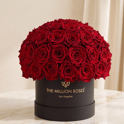 Classic Black Superdome Box with a dense red rose bouquet by The Million Roses, Los Angeles on Tampa Home & Garden Store