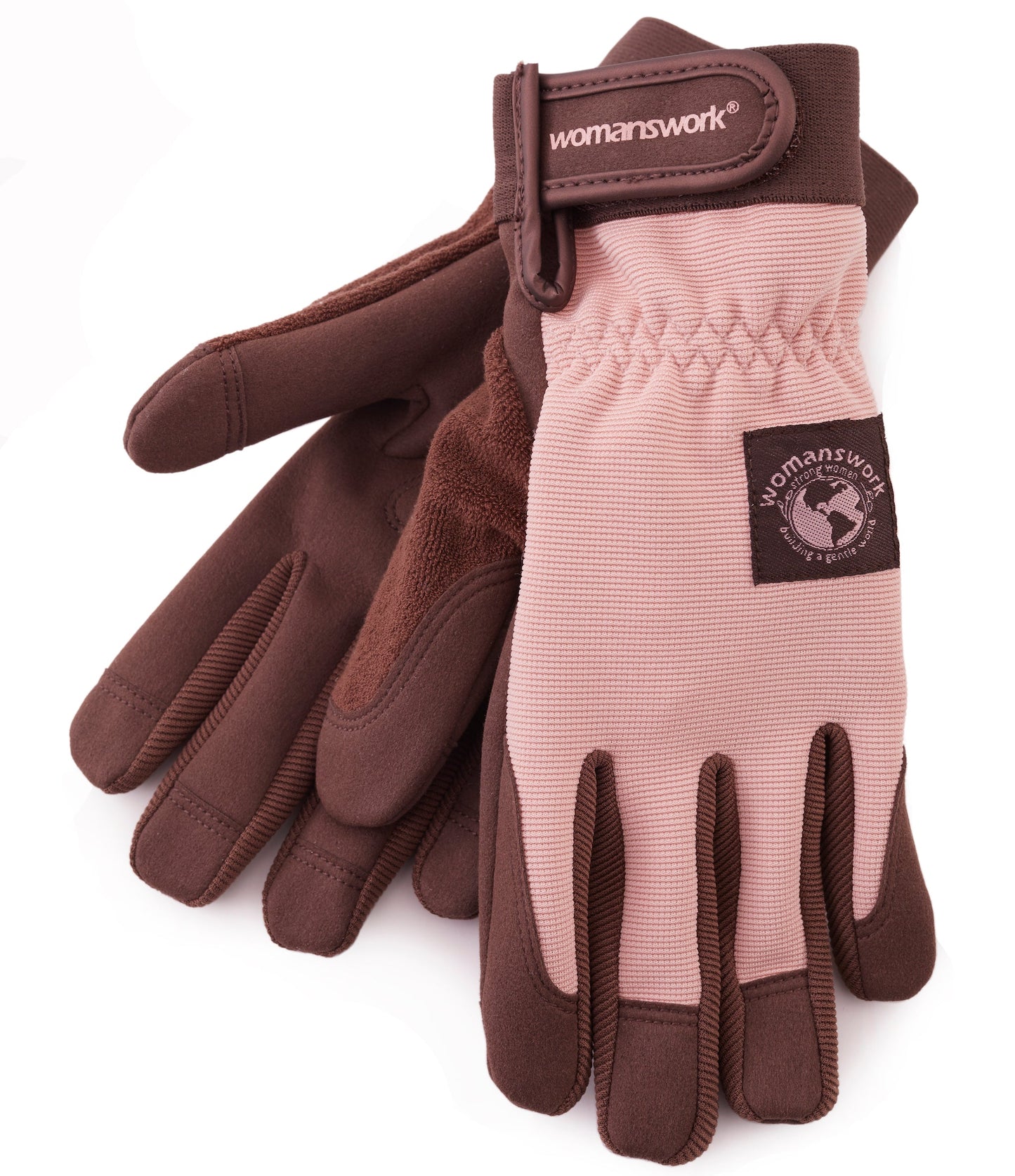 Digger gardening gloves by Womanswork in brown and pink, flexible fabric gardener accessory on Tampa Home & Garden Store