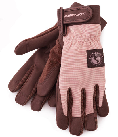 Digger gardening gloves by Womanswork in brown and pink, flexible fabric gardener accessory on Tampa Home & Garden Store
