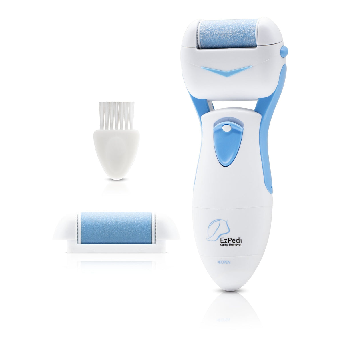 EZPedi Electric Vibrating Callus Remover by Best Product Finds in white and blue with roller head on Tampa Home & Garden Store