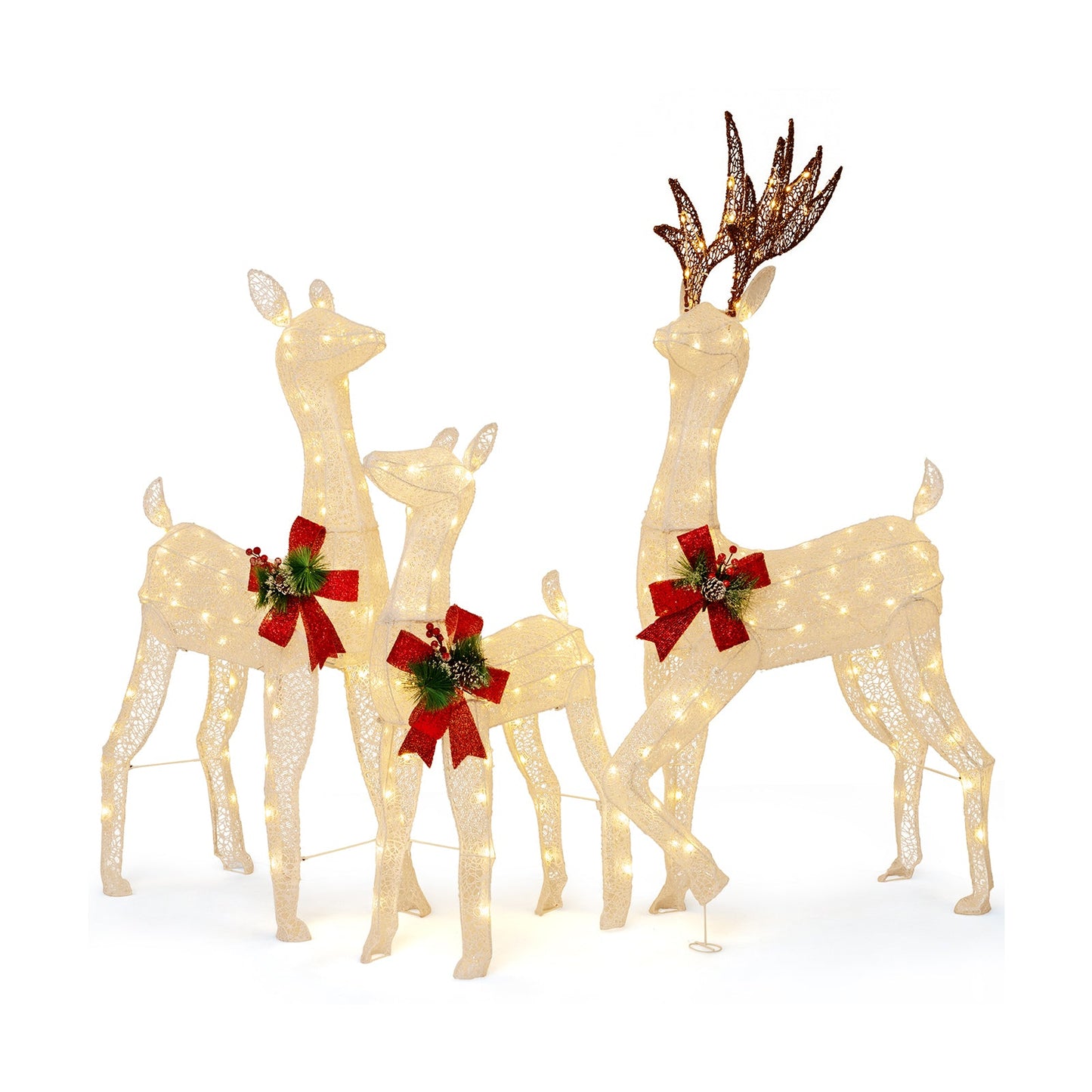 3-piece pre-lit Christmas reindeer family with warm white LEDs, cream lace bodies, red bows on Tampa Home & Garden Store