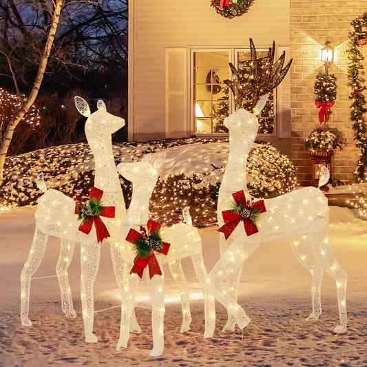3-piece white lace wireframe Christmas reindeer with 230 warm white LED lights and red bows on Tampa Home & Garden Store