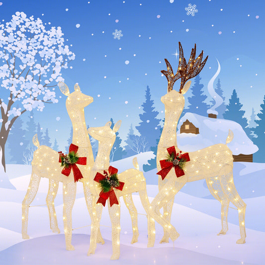 3-piece pre-lit Christmas reindeer family with warm white LEDs, red bows on Tampa Home & Garden Store