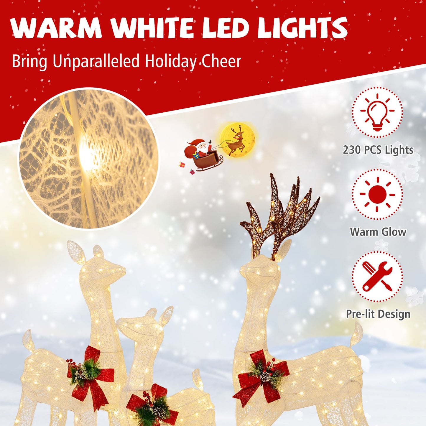 3-piece pre-lit Christmas reindeer family with 230 warm white LEDs, red bows on Tampa Home & Garden Store
