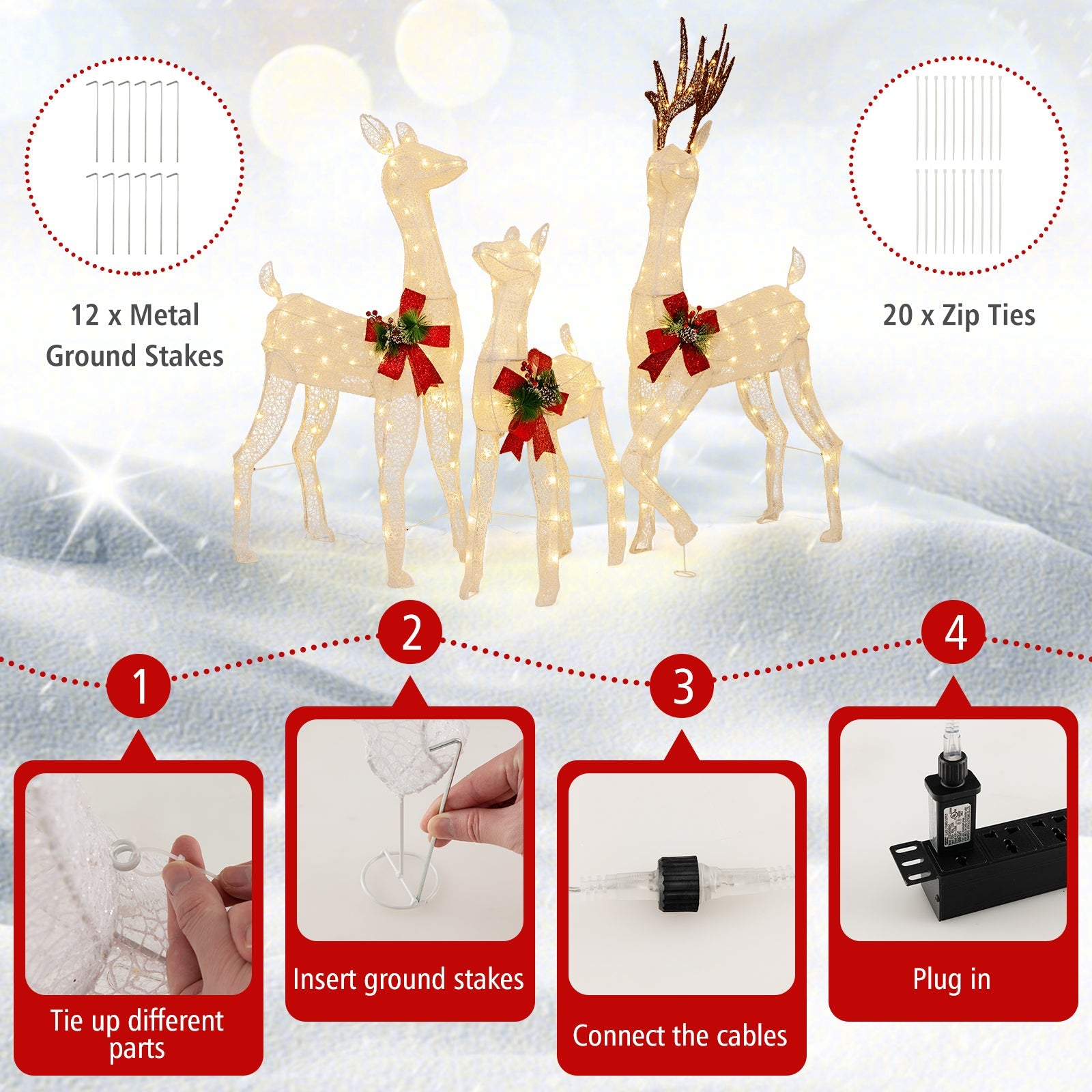 3-piece DirectDeals pre-lit Christmas reindeer family with 230 warm white LEDs, white statues on Tampa Home & Garden Store