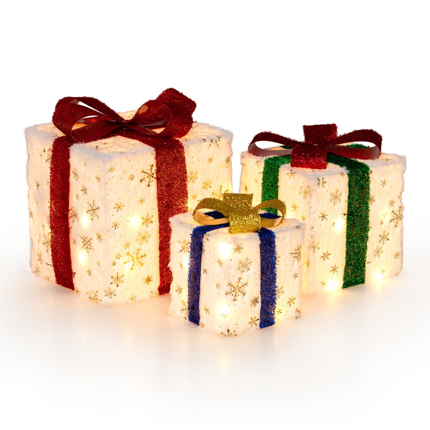 Set of 3 lighted gift boxes with warm white lights and red, green, blue and gold glitter ribbons on Tampa Home & Garden Store