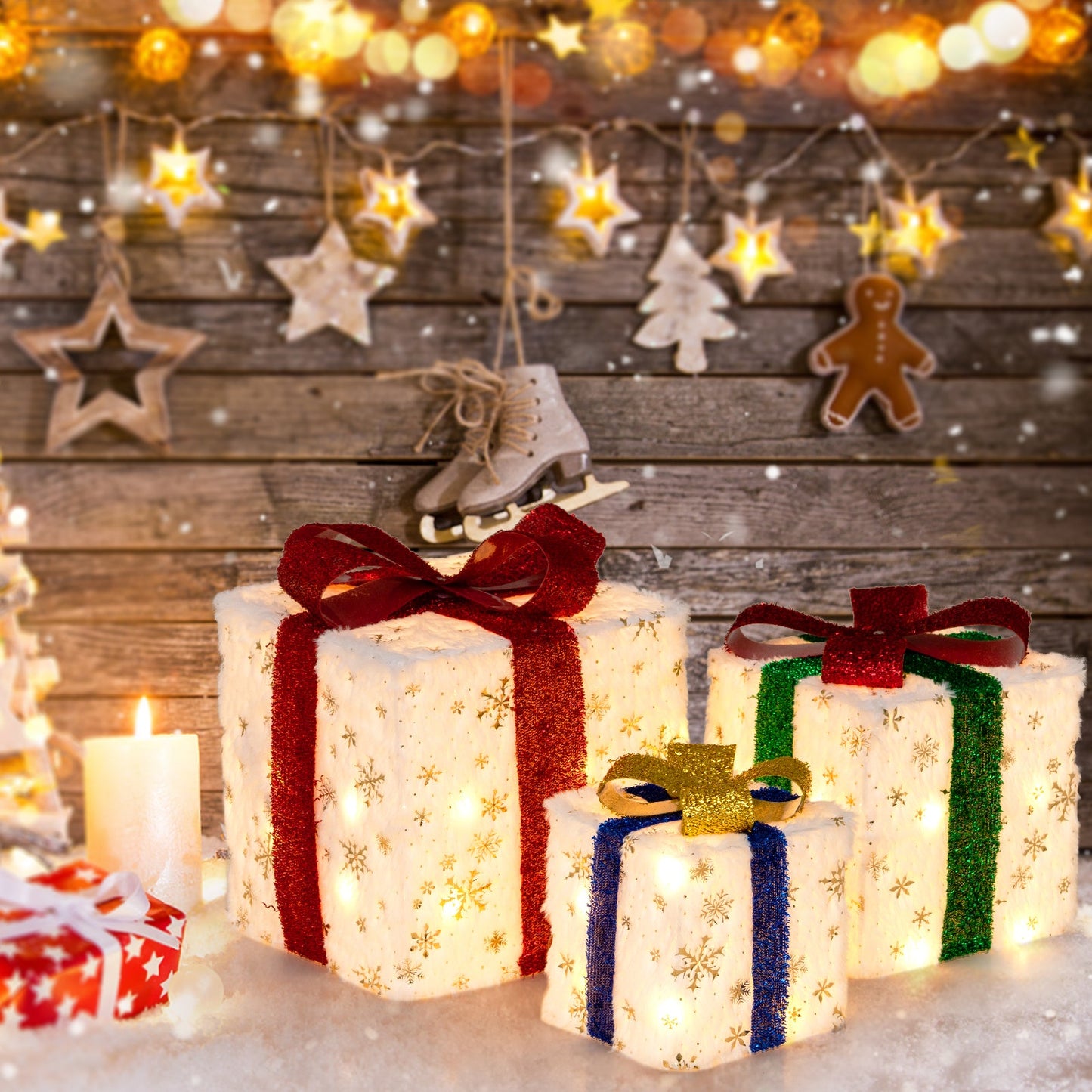 DirectDeals set of 3 lighted Christmas gift boxes with warm lights and gold star pattern on Tampa Home & Garden Store