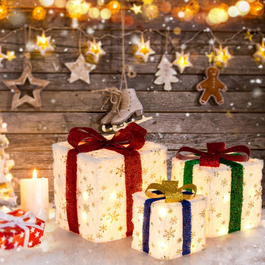 DirectDeals set of 3 lighted Christmas gift boxes with warm lights and gold star pattern on Tampa Home & Garden Store