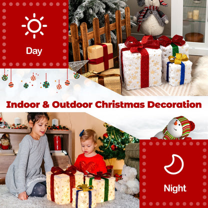 Set of 3 Christmas gift boxes with red ribbons and 48 warm lights on Tampa Home & Garden Store on Tampa Home & Garden Store