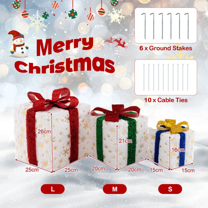 Set of 3 Christmas Lighted Gift Boxes with 48 warm lights by DirectDeals red and green ribbons on Tampa Home & Garden Store