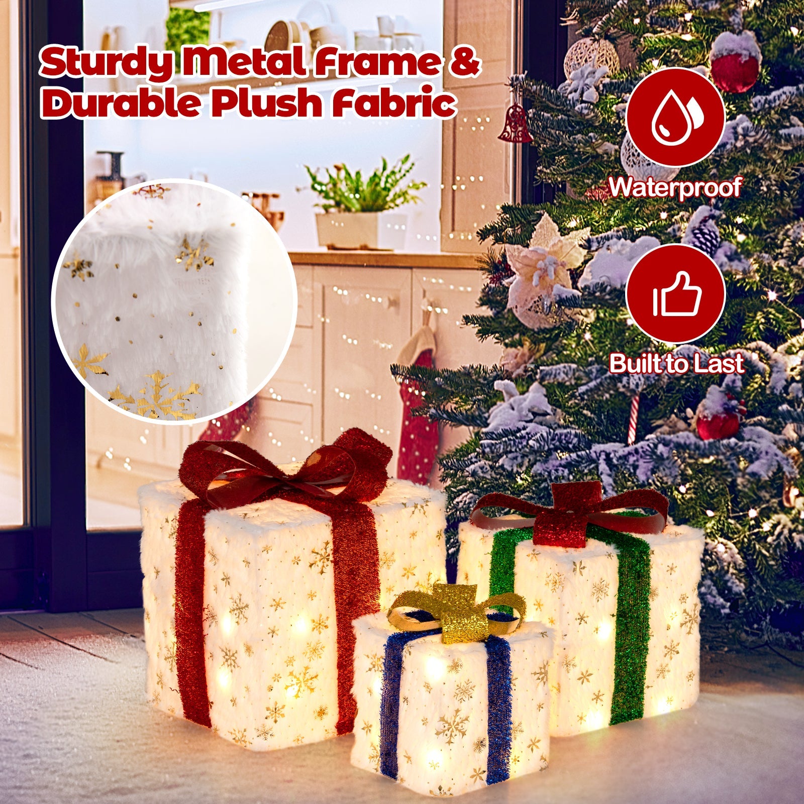 3-pack Christmas lighted gift boxes with plush white fabric and snowflakes, 48 bright lights on Tampa Home & Garden Store
