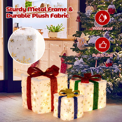 3-pack Christmas lighted gift boxes with plush white fabric and snowflakes, 48 bright lights on Tampa Home & Garden Store