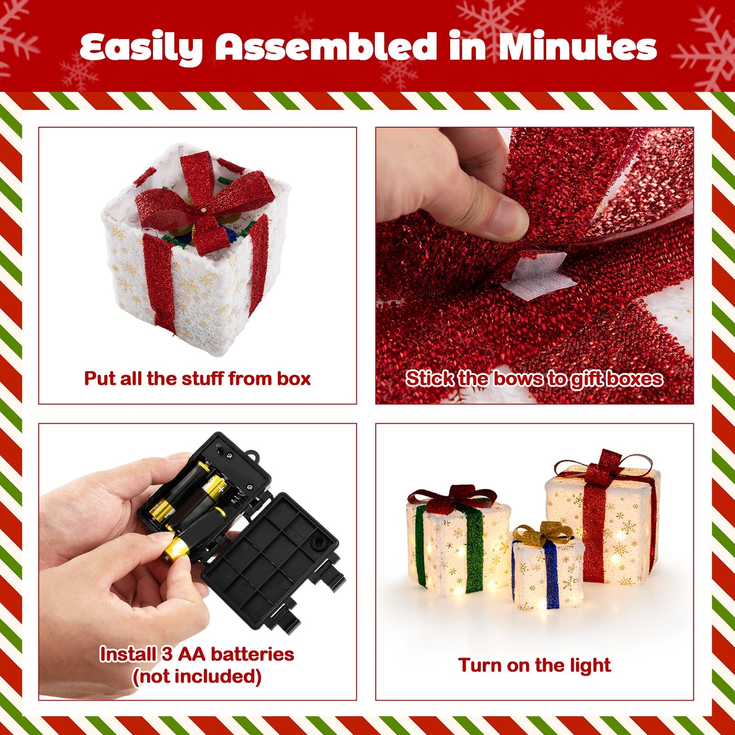 Set of 3 Christmas lighted gift boxes with 48 warm lights, white with red ribbon DirectDeals on Tampa Home & Garden Store