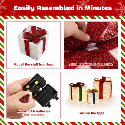 Set of 3 Christmas lighted gift boxes with 48 warm lights, white with red ribbon DirectDeals on Tampa Home & Garden Store