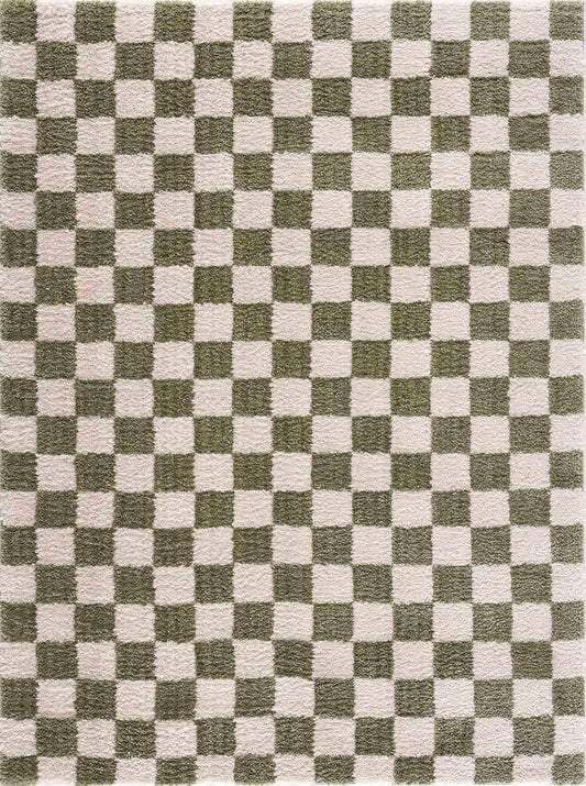 Canika Green Checkered Washable Plush Rug by Boutique Rugs green-cream checkerboard plush rug on Tampa Home & Garden Store