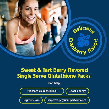 Core Med Science liquid liposomal glutathione single-serve packs, Berry flavor, woman at gym on Tampa Home & Garden Store