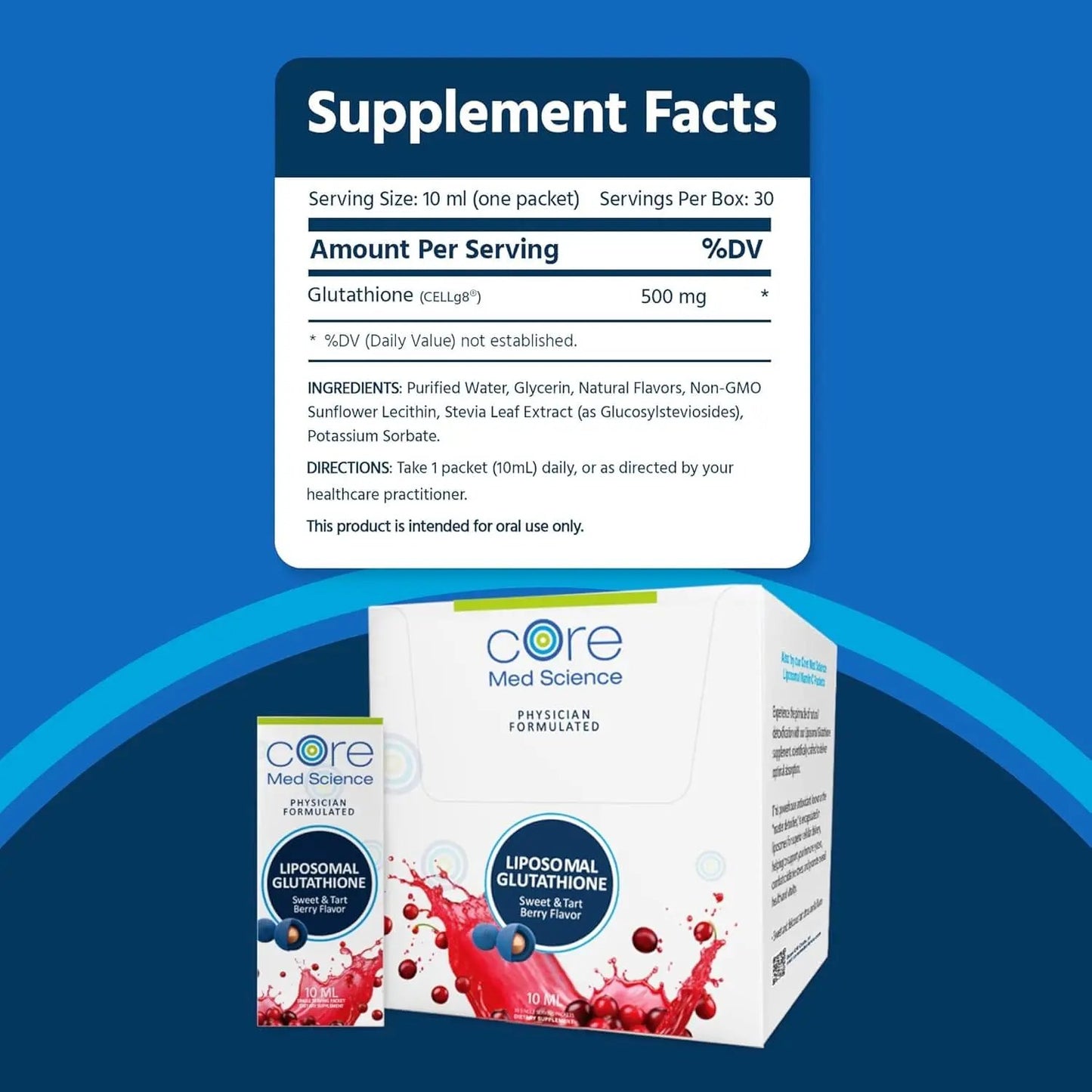 Liquid liposomal glutathione 30-pack packets by Core Med Science; white packaging with blue logo and berry graphics on Tampa Home & Garden Store