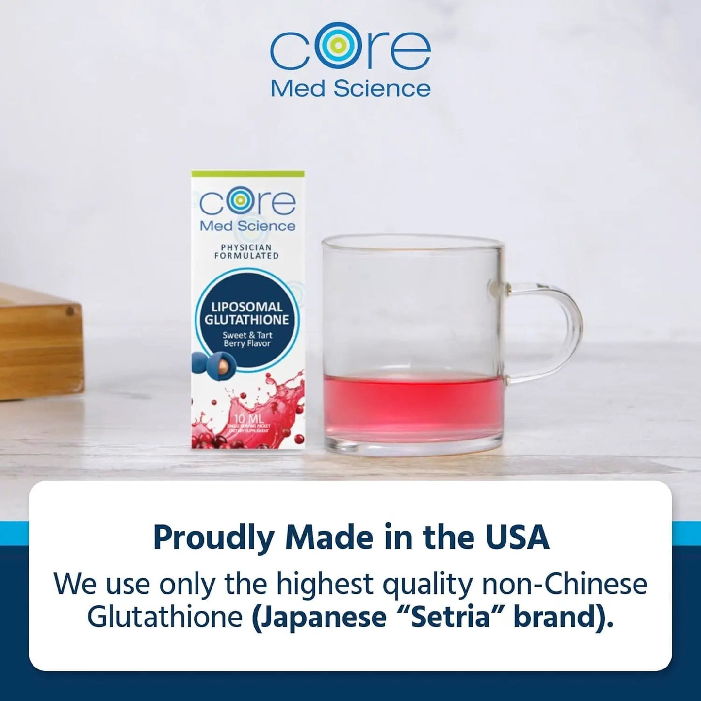 Core Med Science Liposomal Glutathione 30pk, Sweet & Tart Berry flavor beside pink liquid glass on Tampa Home & Garden Store