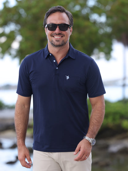 Charleston Polo navy short-sleeve polo by White Water Life with small chest logo on Tampa Home & Garden Store