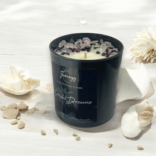 Coastal Dreams Crystal Candle with Garnet, Crystal Quartz, and Rose Quartz | Coconut-Soy Wax Candle, 9oz - Tampa Home & Garden Store