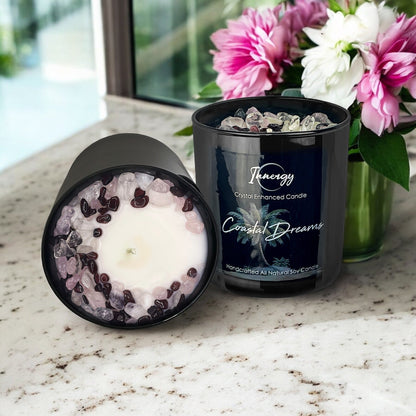 Bougie aux cristaux Coastal Dreams avec grenat, quartz cristal et quartz rose | Bougie en cire de coco et de soja, 255 g