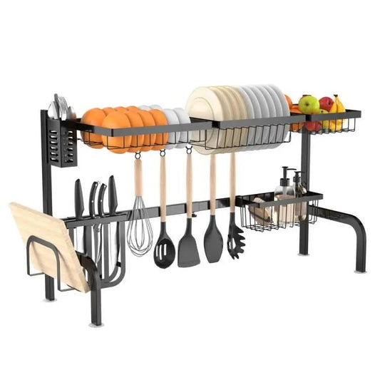 2 Tier black steel adjustable over-the-sink dish drying rack with utensil hooks and plate rack on Tampa Home & Garden Store