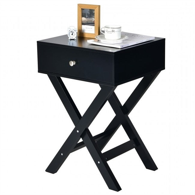 Mesa de noche/Mesa auxiliar retro negra en forma de X con 1 cajón