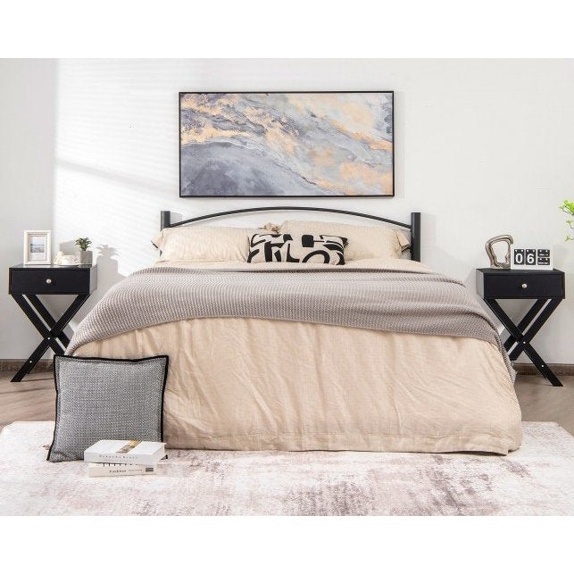 Mesa de noche/Mesa auxiliar retro negra en forma de X con 1 cajón