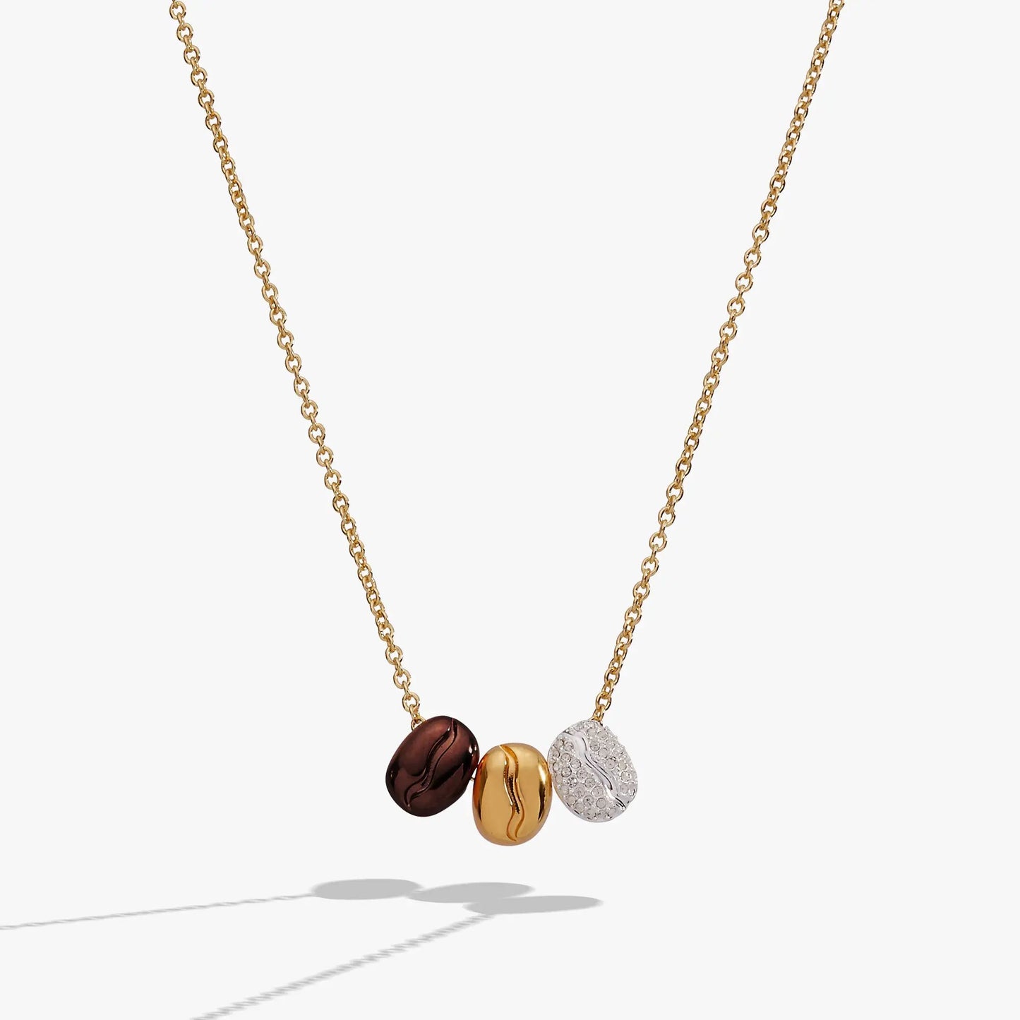 Coffee Bean pendant necklace with three brown gold silver beads on gold-tone chain on Tampa Home & Garden Store
