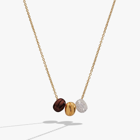 Coffee Bean pendant necklace with three brown gold silver beads on gold-tone chain on Tampa Home & Garden Store