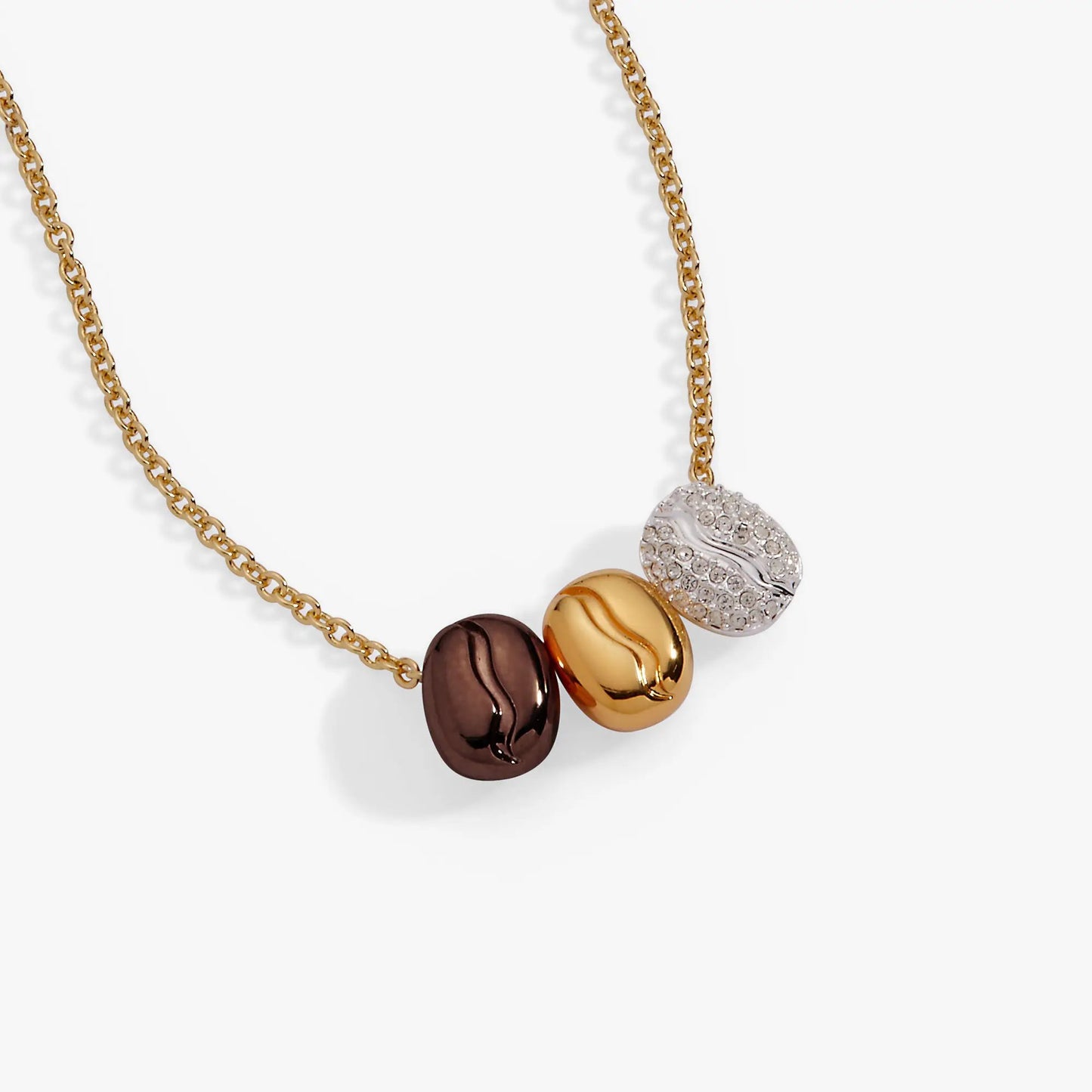 Coffee bean pendant necklace by ALEX AND ANI with three colored beads on a gold-tone chain on Tampa Home & Garden Store