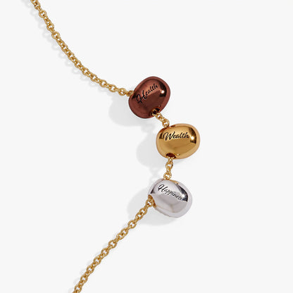 Coffee Bean Happiness Wealth Health pendant necklace; gold-tone chain with 3 beads in rose gold on Tampa Home & Garden Store
