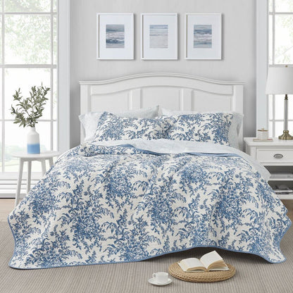 Juego de edredón de algodón floral azul y blanco reversible de 3 piezas tamaño Full/Queen con bolsa de transporte