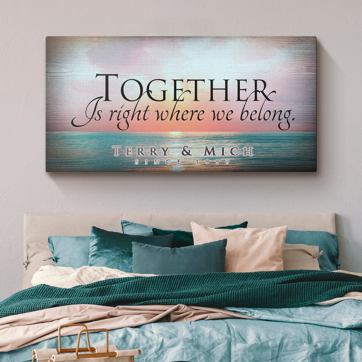 Together Sign canvas wall art with pastel sunset ocean backdrop by Tailored Canvases on Tampa Home & Garden Store