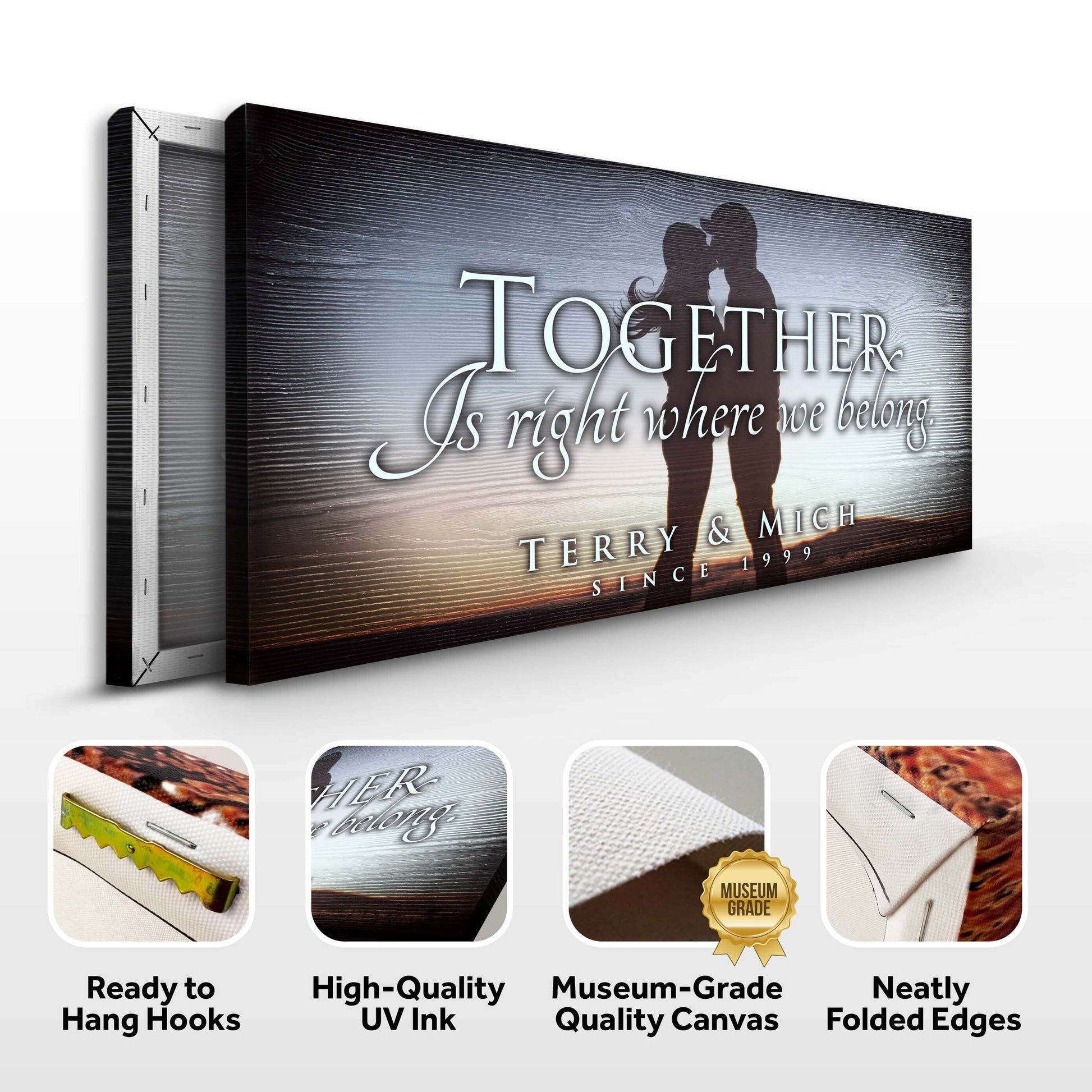 Together Sign V canvas by Tailored Canvases, dark wood grain with couple silhouette on Tampa Home & Garden Store