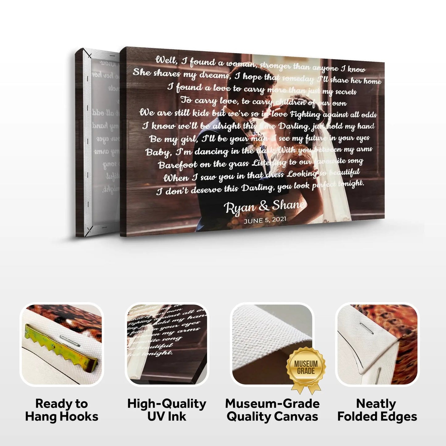 Wedding Song Sign canvas by Tailored Canvases with woodgrain background and handwritten lyrics on Tampa Home & Garden Store