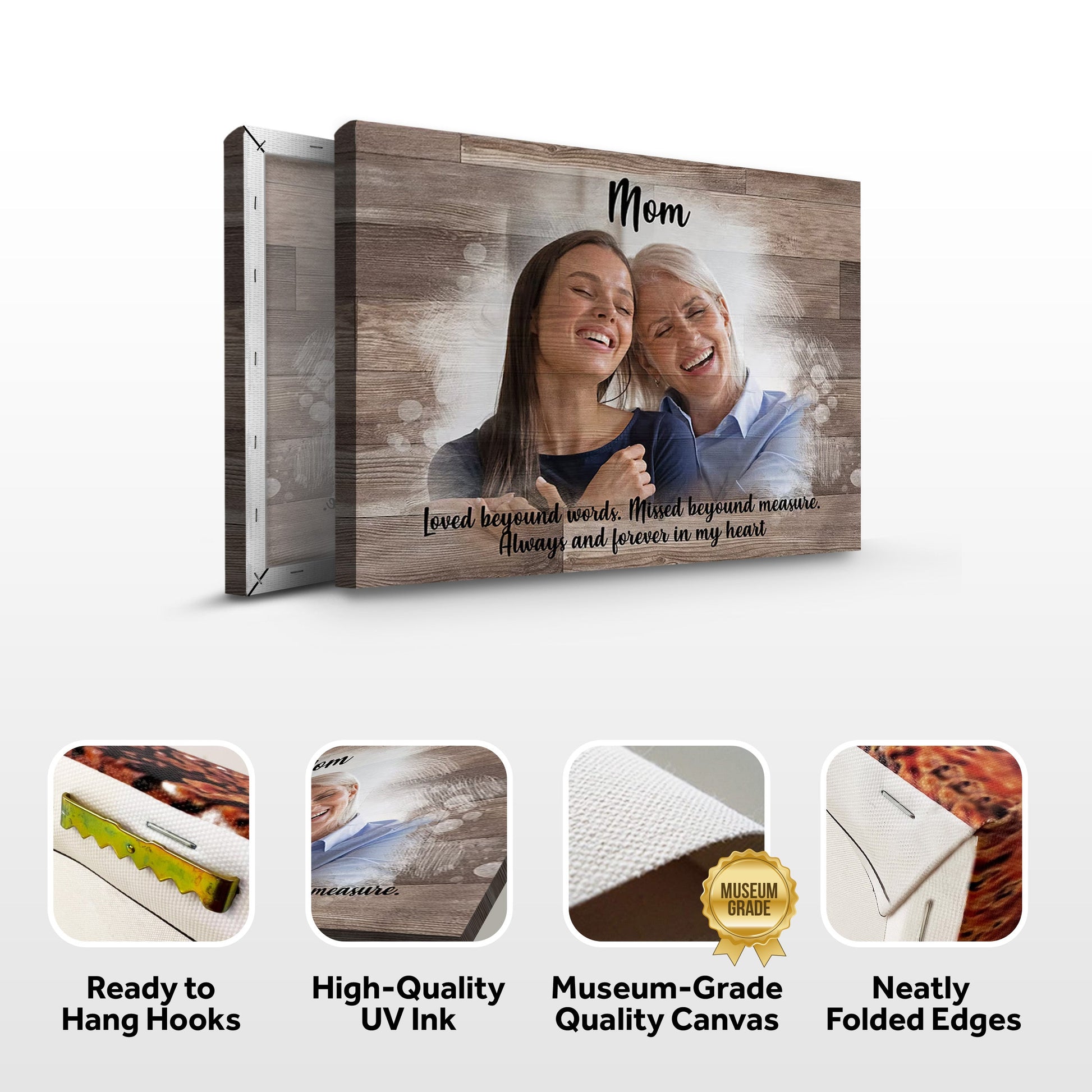 A Mother's Memory Sign canvas by Tailored Canvases with wood grain backdrop and smiling mom image on Tampa Home & Garden Store