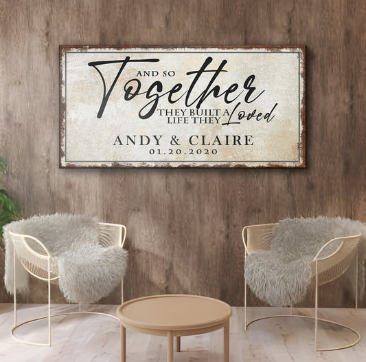 Together Sign II canvas crafting sign with rustic beige distress print and script on backdrop on Tampa Home & Garden Store