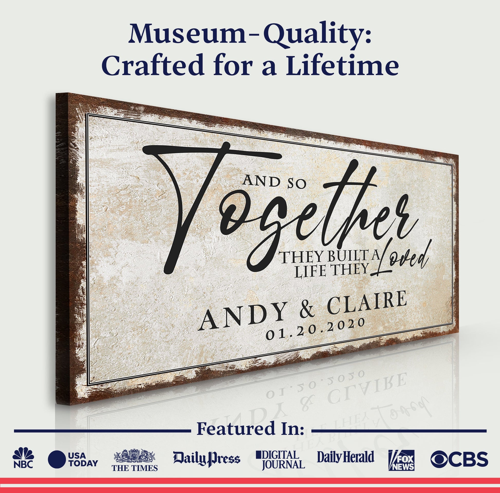 Together Sign II canvas by Tailored Canvases, rustic beige crafting canvas with dark brown frame on Tampa Home & Garden Store