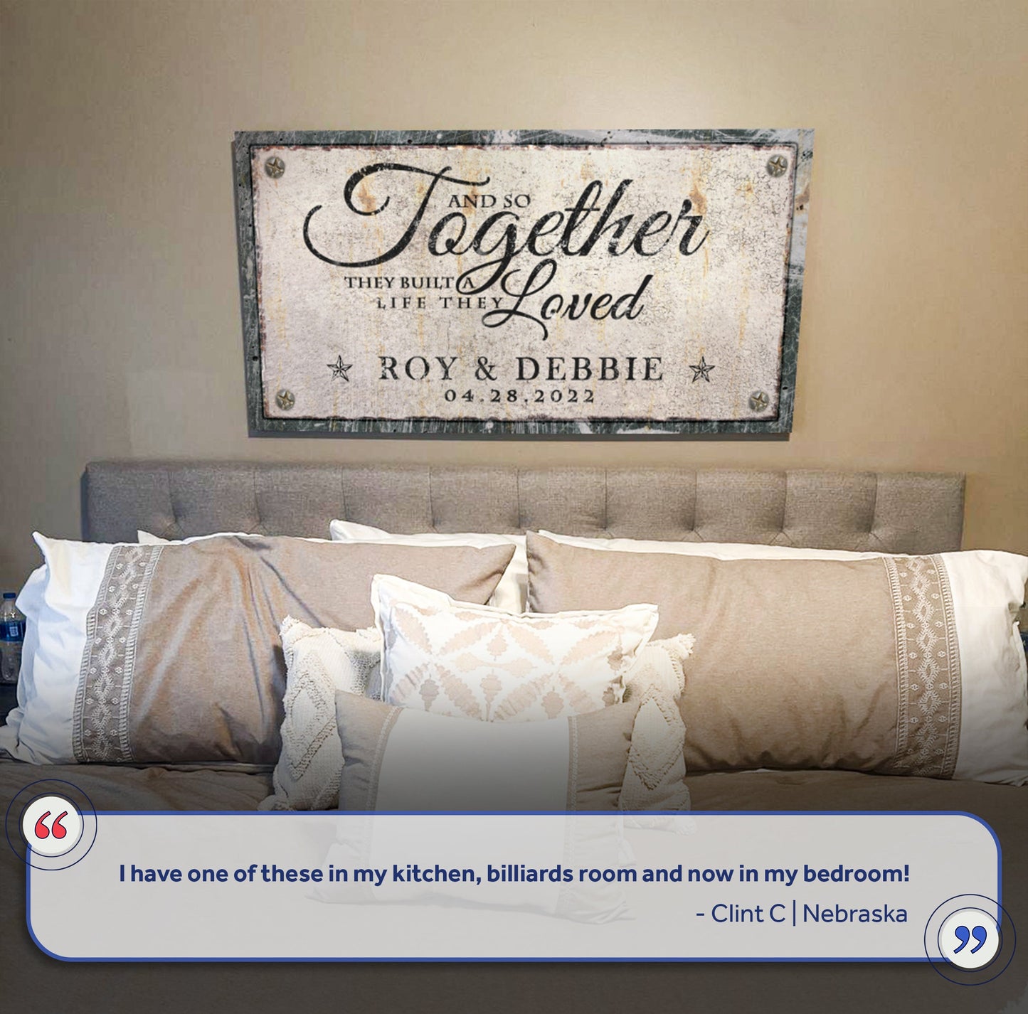 Together Sign IV canvas with rustic metal frame and script text above a beige sofa on Tampa Home & Garden Store