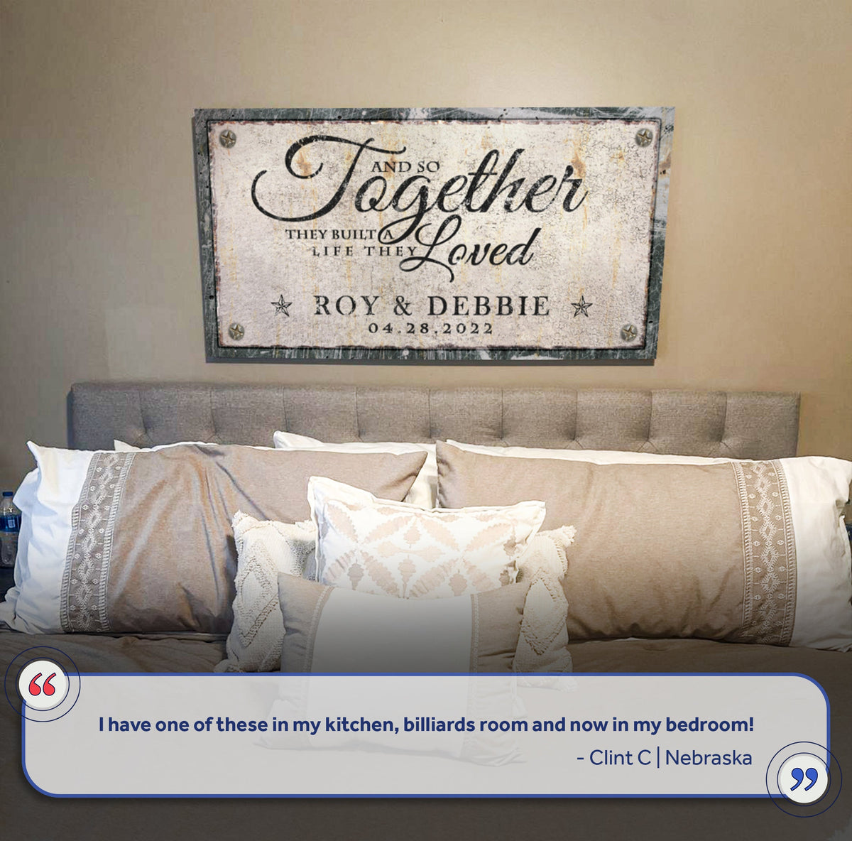 Together Sign IV canvas with rustic metal frame and script text above a beige sofa on Tampa Home & Garden Store