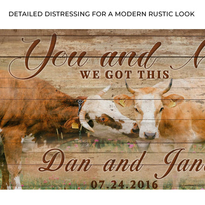 Canvas We Got This Couple Cattle Sign with rustic wood backdrop and cow imagery on Tampa Home & Garden Store