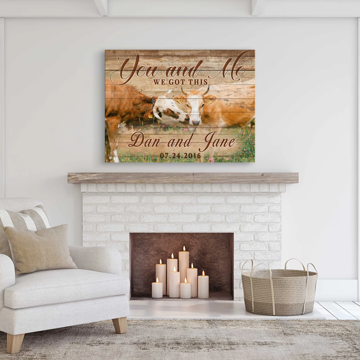 We Got This Couple Cattle Sign canvas on rustic wood with two cows and You and Me script Tailored Canvases crafting canvas on Tampa Home & Garden Store