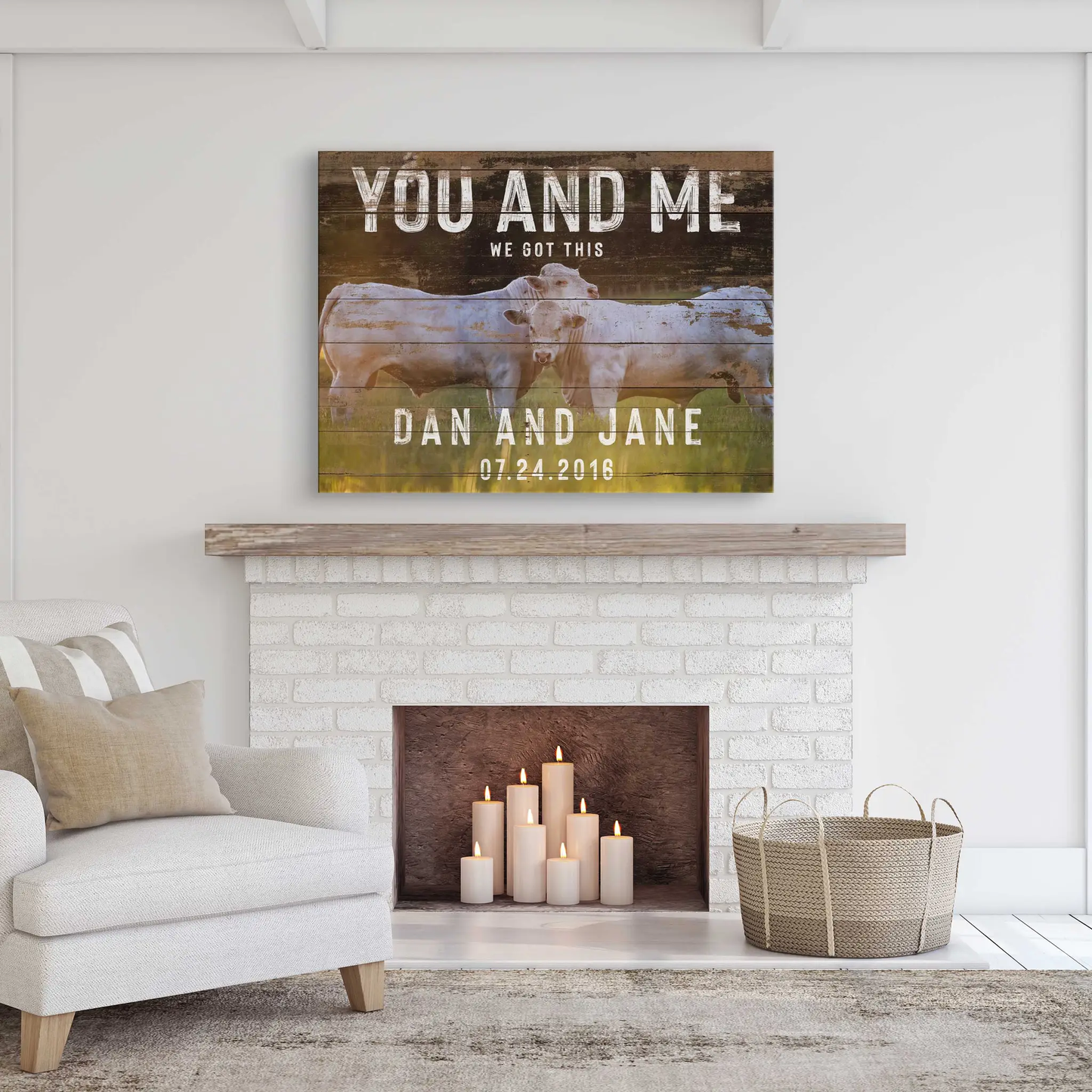 Canvas sign wood with two cows and white text we got this dan and jane 07.24.2016 on Tampa Home & Garden Store