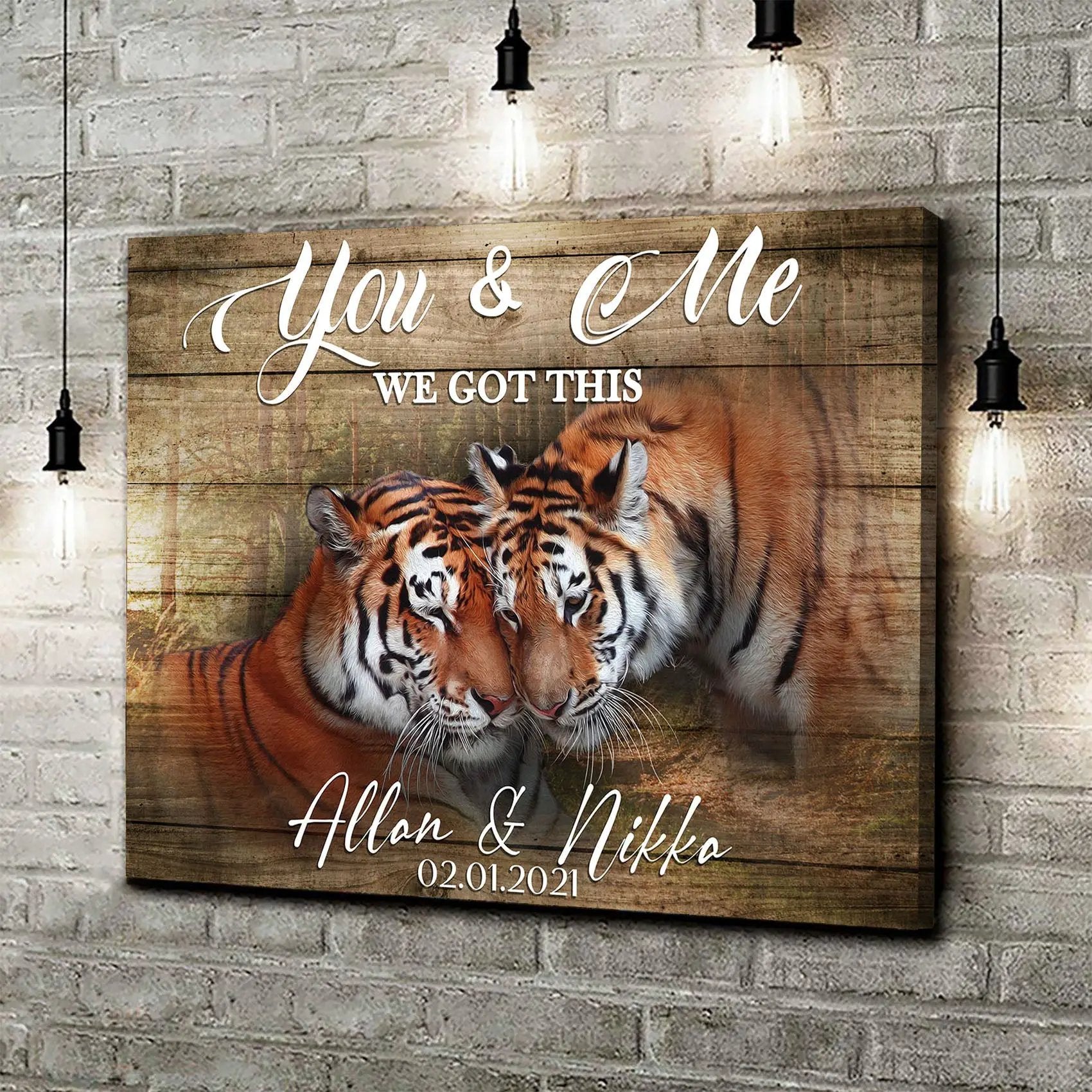 We Got This Tiger Couple Sign canvas with wood plank backdrop and two cuddling tigers on Tampa Home & Garden Store