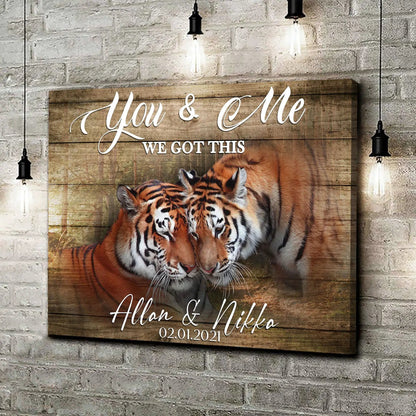 We Got This Tiger Couple Sign canvas with wood plank backdrop and two cuddling tigers on Tampa Home & Garden Store